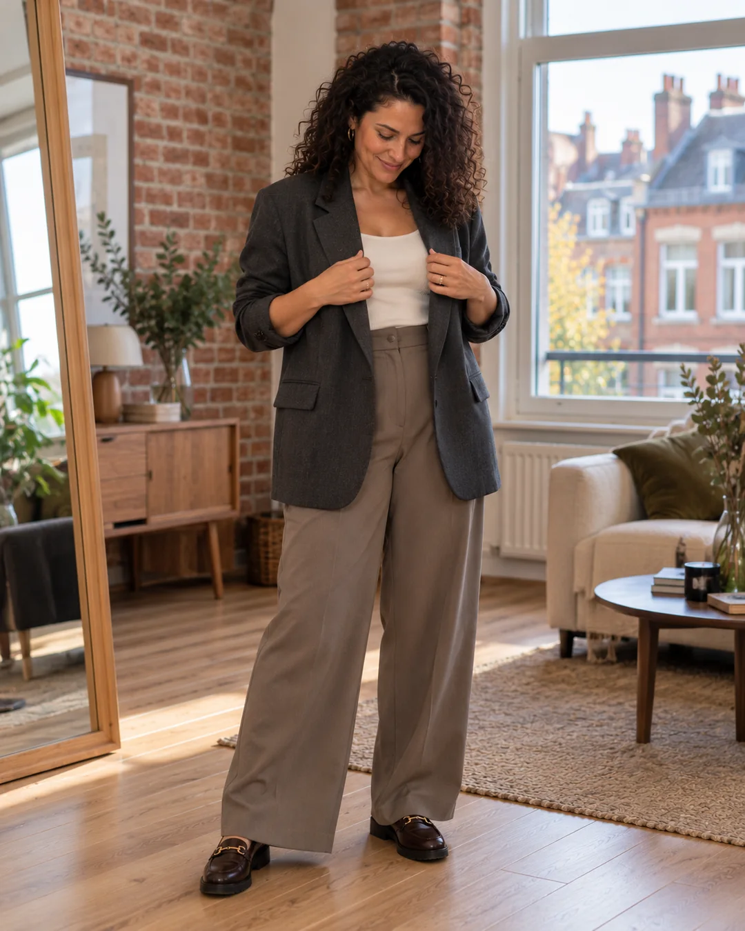 Une femme ajuste un blazer gris aux épaules structurées, porté sur un pantalon large taupe, dans sa chambre d’une maison en brique à Lille.