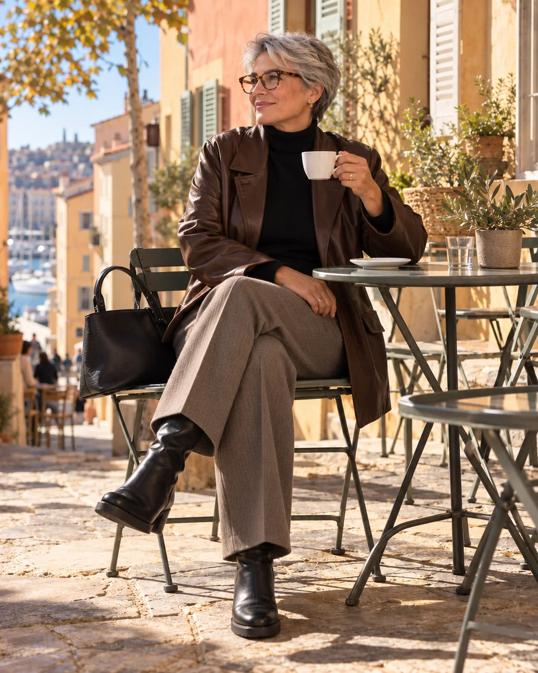 Une femme aux cheveux gris courts, en veste de cuir chocolat et pantalon droit taupe, prend un café en terrasse dans une ruelle de Marseille.