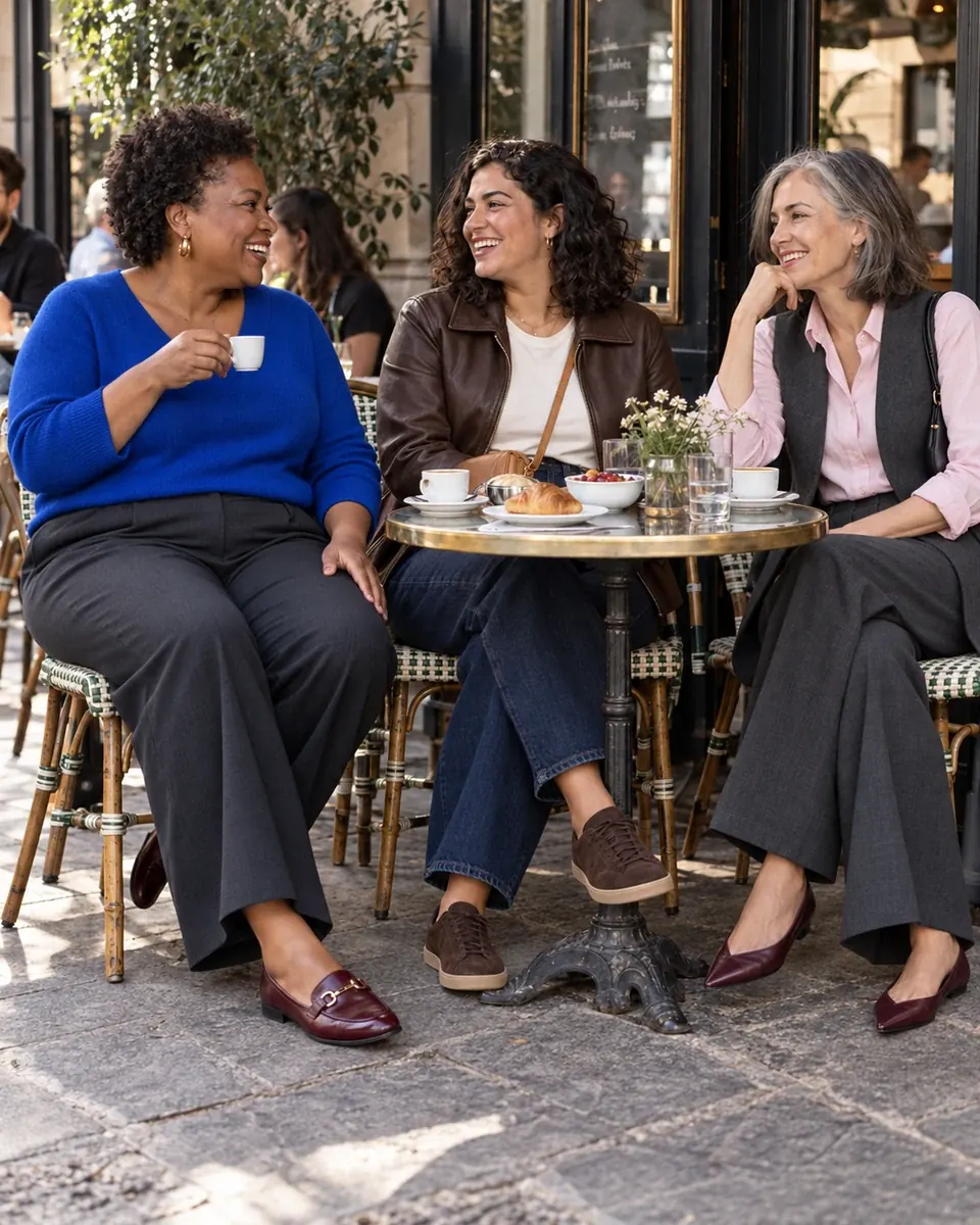 Trois amies d’âges et de styles différents partagent un café en terrasse.