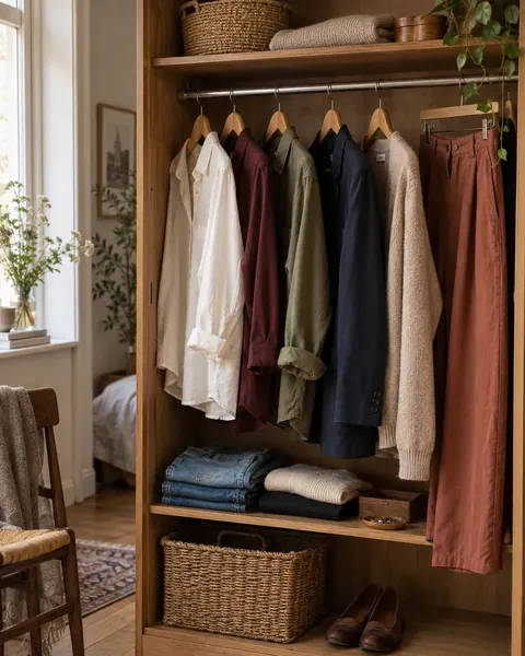 Un dressing ouvert en bois avec des chemises, des mailles et des pantalons dans des tons écru, bordeaux et brique.