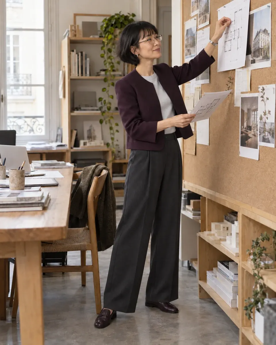 Dans un atelier, une femme à lunettes en veste prune, top écru et pantalon anthracite épingle un plan au mur.